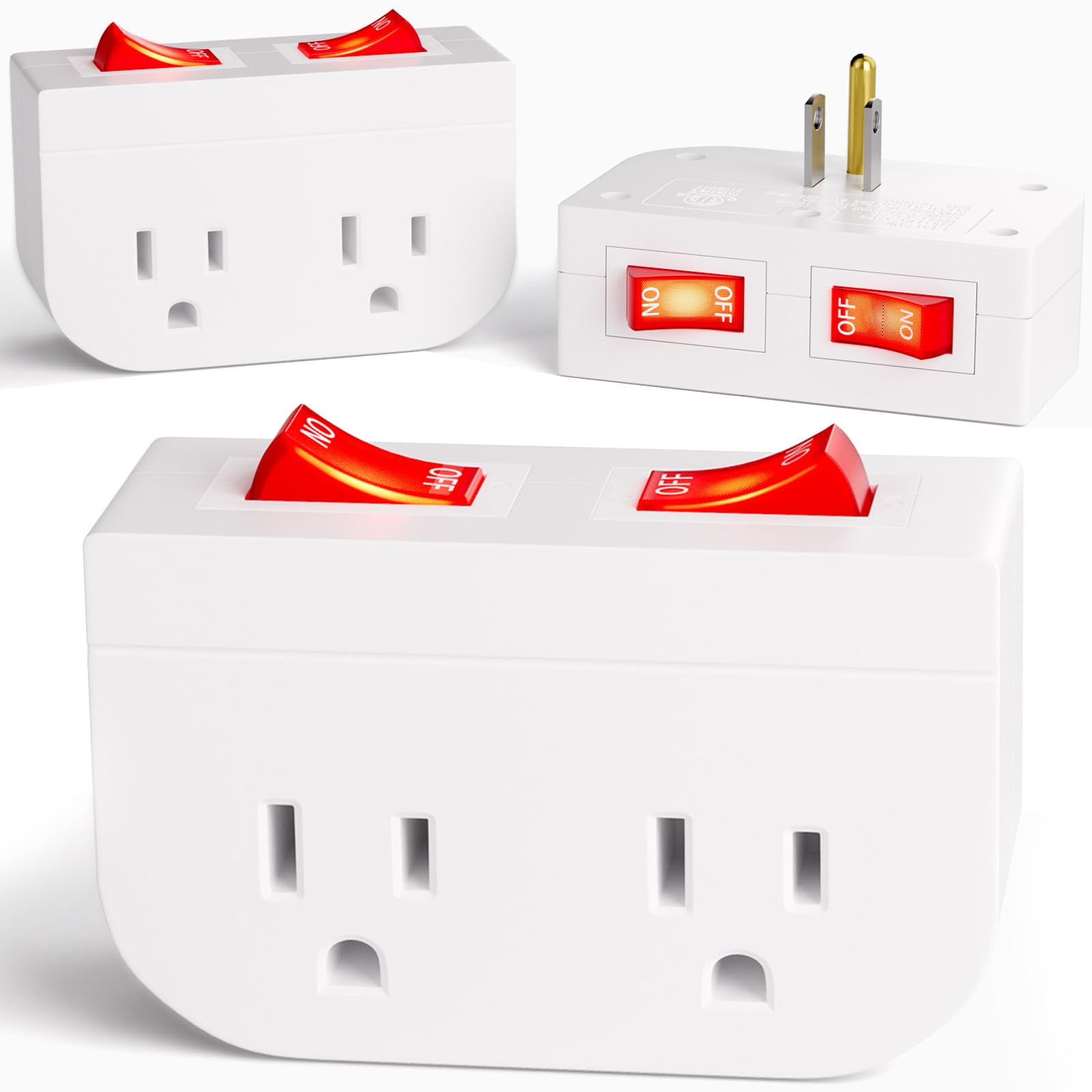 3Pack   Powawini Grounded Outlet With Double On Off Switch, Two Port Electrical Outlet Plug Switch, Wall Tap Adapter With Daul R